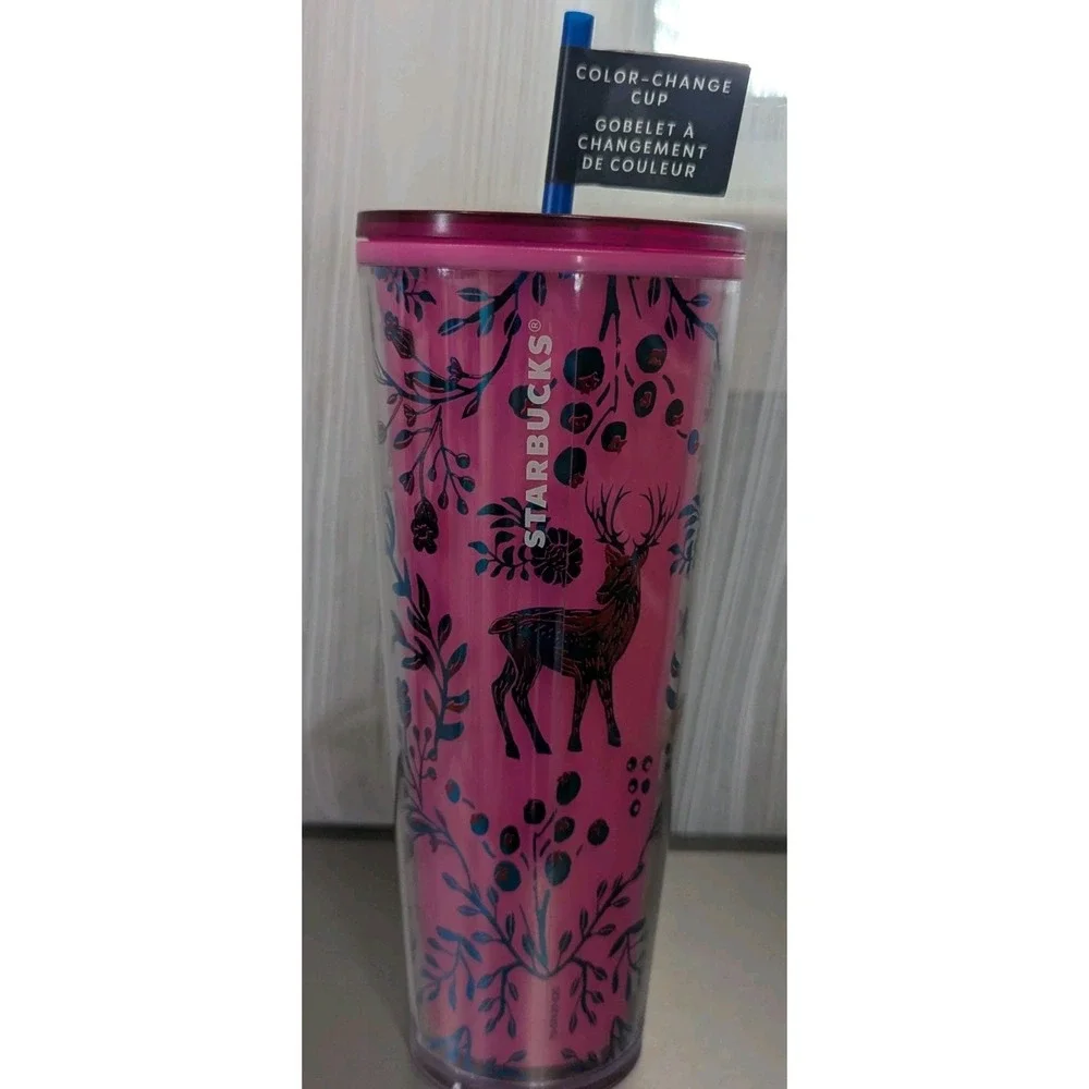 Starbucks New 2022 Holiday Woodland Lace Pink Color Change Tumbler 24oz Cold Cup